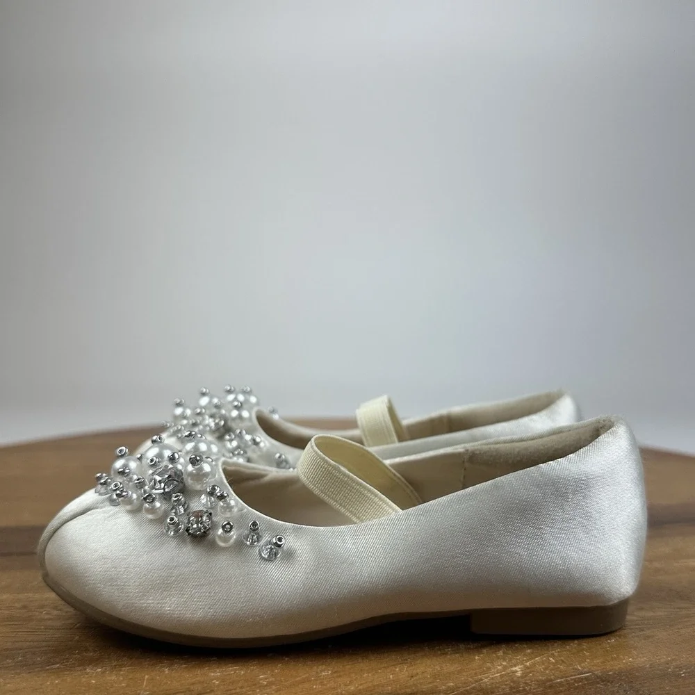 Little Kids Girls Dream Pairs Ivory Satin Beaded Mary Jane Ballet Flats Size 7 C